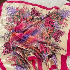 Floral Silk-Look Square Scarf in Hot Pink & Cream